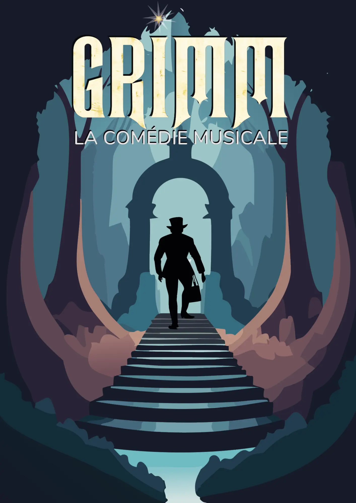 Affiche de la comédie musicale "Grimm". On aperçoit la silhouette d'un homme au chapeau haute forme, portant une sacoche. L'homme avance vers un portail dans une forêt. Les tons sont bleutés et mystérieux.