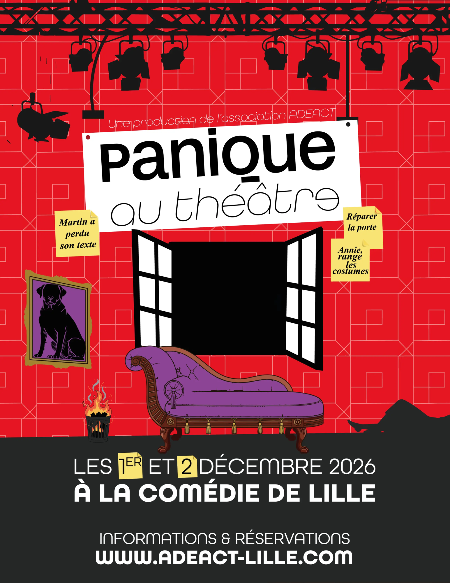 Affiche du spectacle Panique au théâtre, pièce de théâtre par la troupe ADEACT à Lille